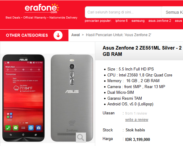 harga asus zenfone 2 ze551ml 2gb 16 gb erafone