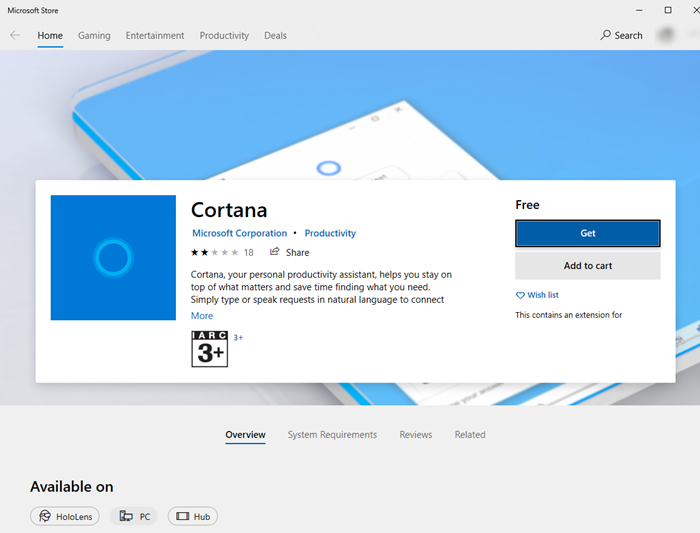 MicrosoftStoreからCortanaをインストールします