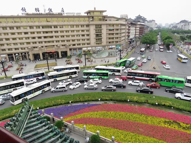 Traffic jam around the Bell Tower in Xi'an China