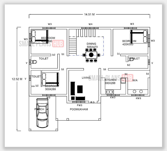 1609 Sq.ft. 3 bedroom Single Floor plan