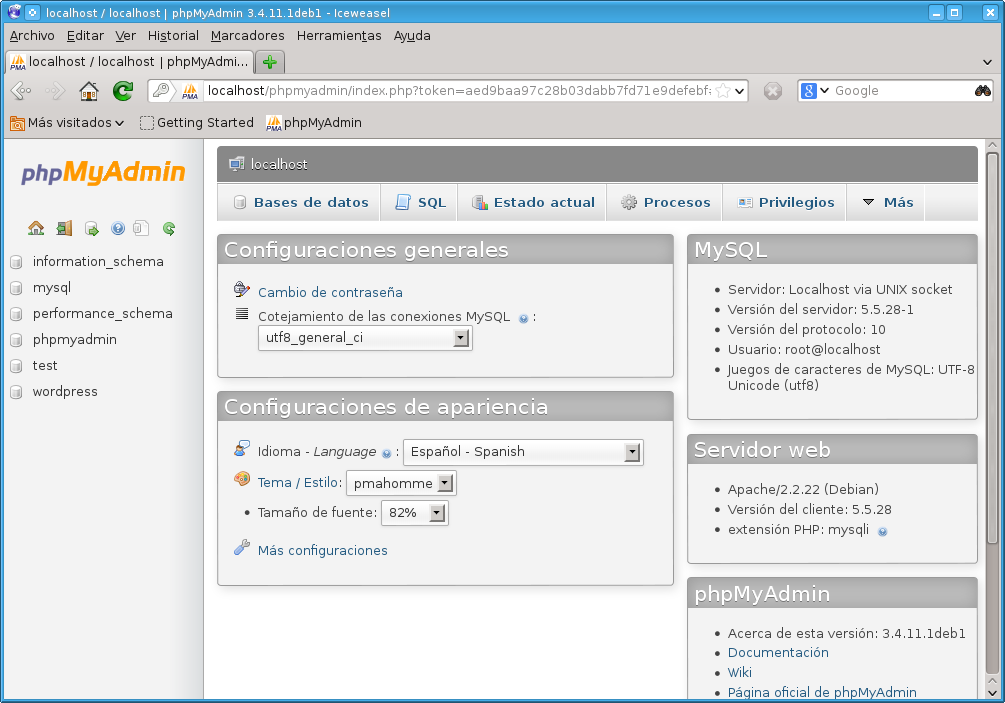 UsuarioDebian: phpmyadmin, gestor de MySQL