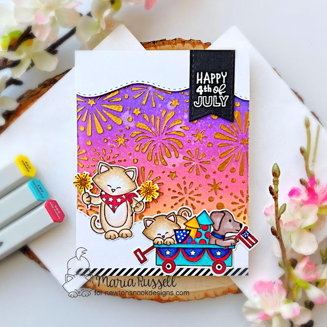 Happy 4th of July Card by Maria Russell | Newton's 4th of July Stamp Set, Fireworks Stencil and Sea Borders Die Set by Newton's Nook Designs #newtonsnook #handmad