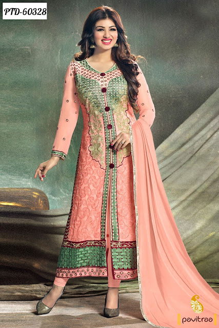 bollwood actress heroine Ayesha Takia special peach color salwar kameez online shopping for party wear at lowest prices with free shipping and cash on delivery service in India