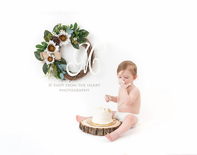 Atlanta first birthday cake smash photography on white background