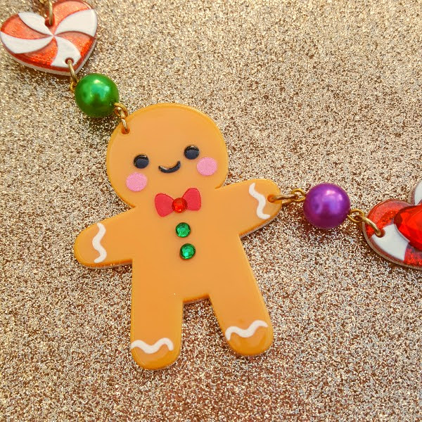 close up of acrylic gingerbread boy on Christmas necklace