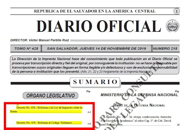 Decreto 458 y 459 Reforma Código Tributario y Ley del Impuesto Sobre La Renta, Aguinaldo Exento hasta 2 Salarios Mínimos Vigentes Diario Oficial