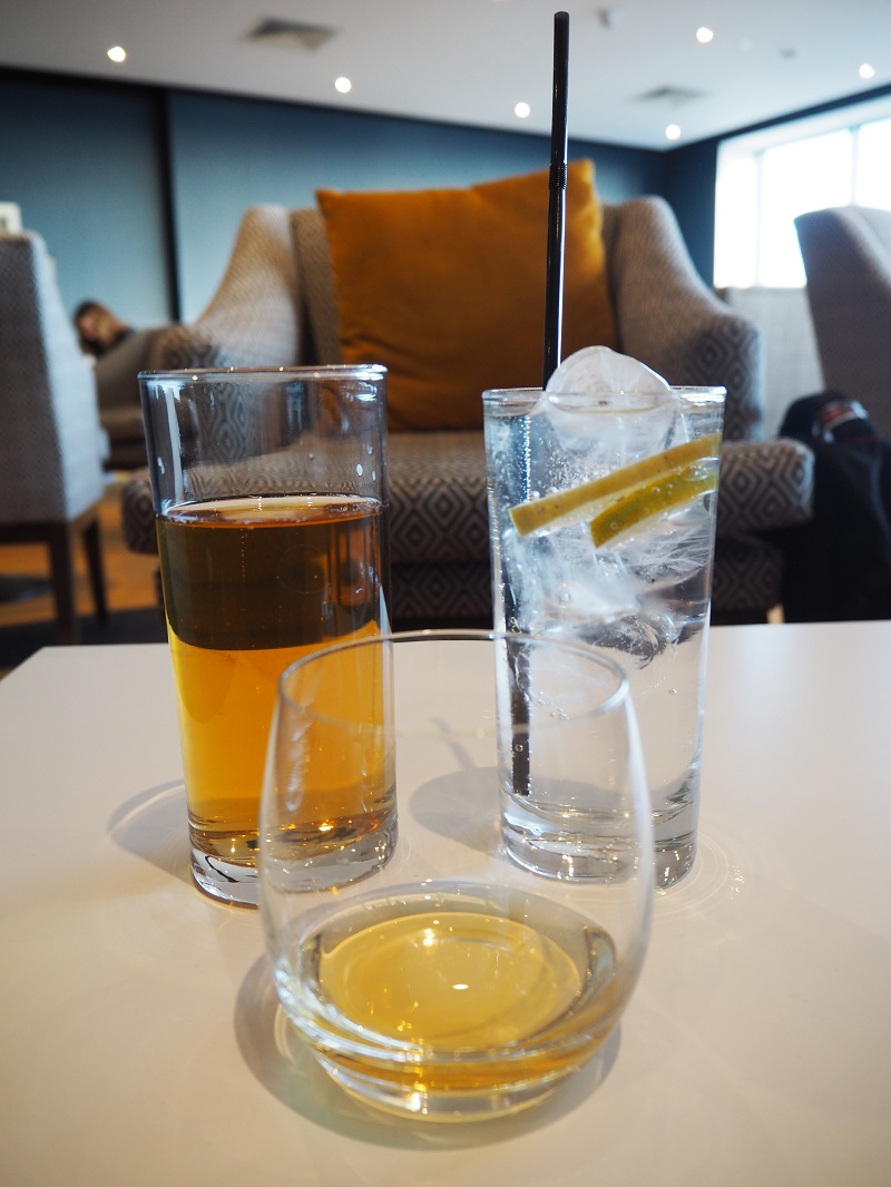 Beer, whisky and a Porter's gin and tonic in Aberdeen Airports Executive Lounge
