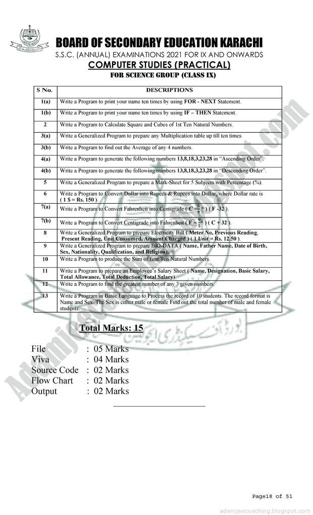 Adamjee Coaching Computer Studies 9th Model Paper for New Pattern 2021
