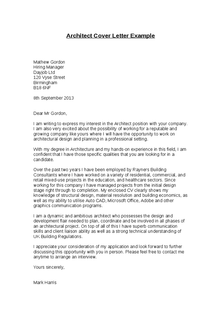 Cover Letter For Architecture Jobs Sample Letter