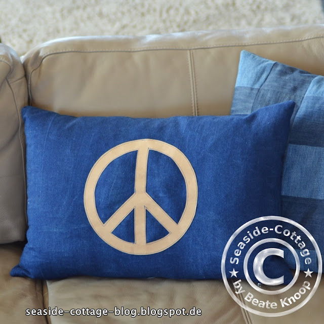 Kissen nähen aus Jeans mit Applikation aus Snappap, Peace-Symbol, DIY