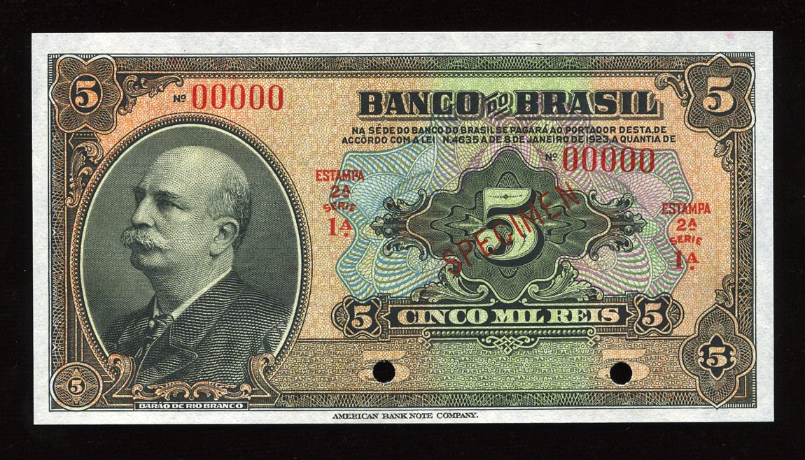 Brazilian banknotes 5 Mil Reis banknote of 1923, José Paranhos, Baron