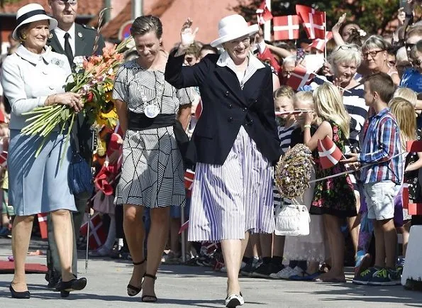 Queen Margrethe of Denmark visited the island of Bornholm in Roenne. Style of Queen Margrethe, fashion, mode