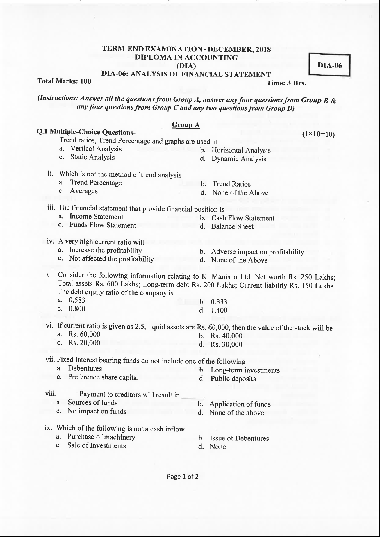 OSPU DIA Analysis Of Financial Statement december 2018 Question Paper ...