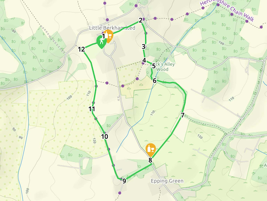 Map for Walk 4: The Epping Green Loop  Created on Map Hub by Hertfordshire Walker  Elements © Thunderforest © OpenStreetMap contributors  For KML and GPX details, see the interactive map below the directions
