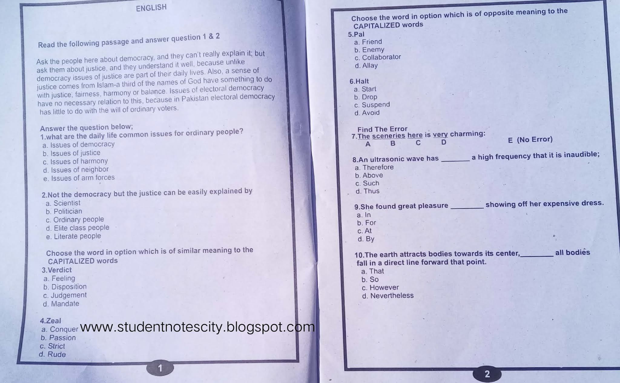Entry test past paper for f.sc medical student