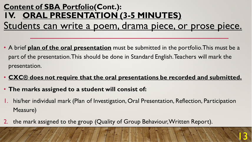 how to do the oral presentation for english sba