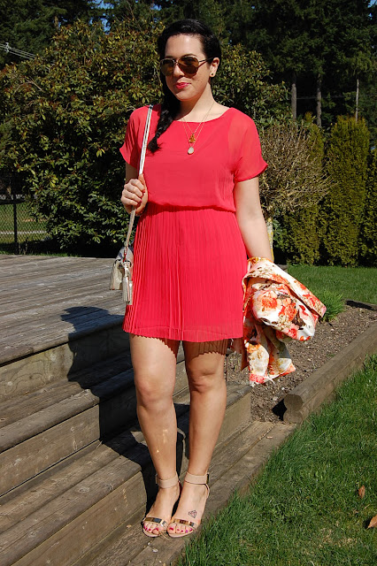 Floral Zara blazer, pleated salmon dress, Sam Edelman Serena sandals and a Coach Legacy bag