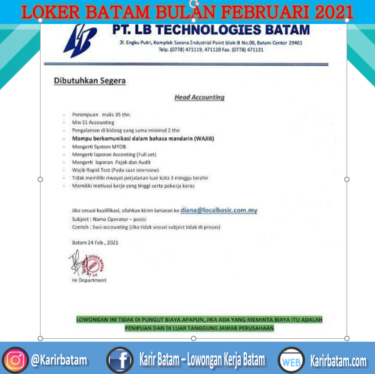 Lowongan Kerja PT. LB Technologies Batam - Lowongan Kerja Batam 2022