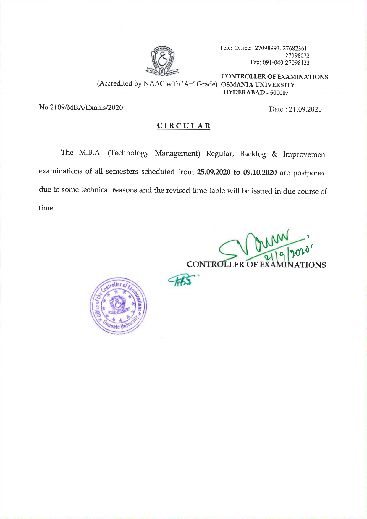 Osmania University MBA (Technology Management) Sep 2020 Postponed Exam Notification