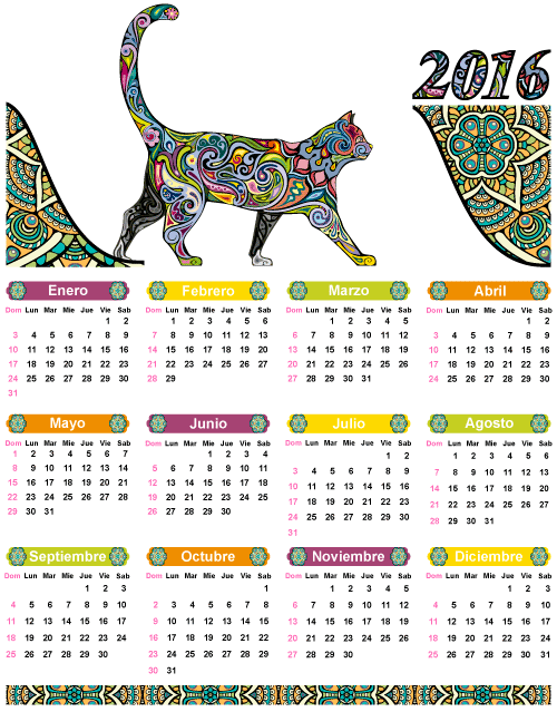 Calendario 2016 de gato estilo étnico