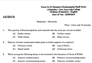 Kerala PSC Staff Nurse Question Paper 28/09/2019 with Answer Key