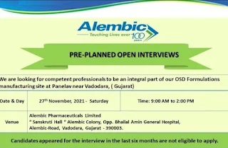 Alembic Pharmaceuticals Limited Recruitment Diploma, D.Pharm and  M.Pharm Freshers Candidates