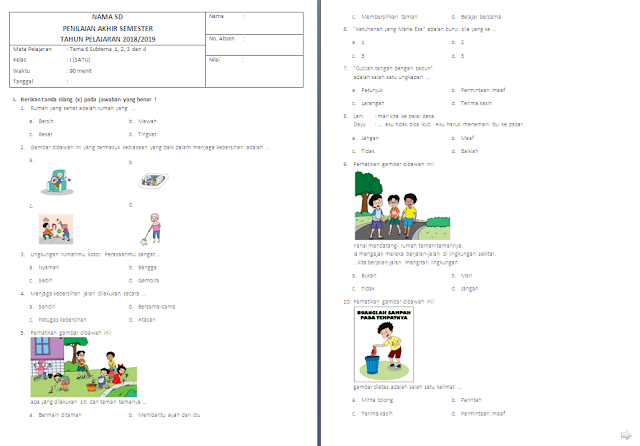 Soal Penilaian Akhir Semester (PAS) Kelas 1 SD/MI: Tema 6