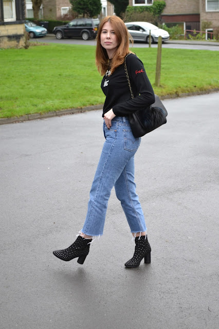 Bella freud jumper from Fred perry, Blue vintage Levis 501 with black studded boots from ASOS. Mulberry style bag with river island pom pom. Affordable women's fashion blog. Alexa chung style. Vogue  