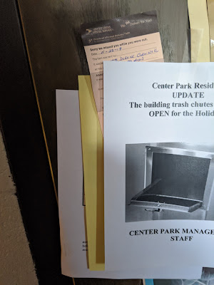 Corrected trash chute announcement. Oops I forgot about the pink thing with the teeny tiny print I will need either technology or a cooperative human to help me read So, um, someone is trying too hard and missing the point of a question /  suggestion?