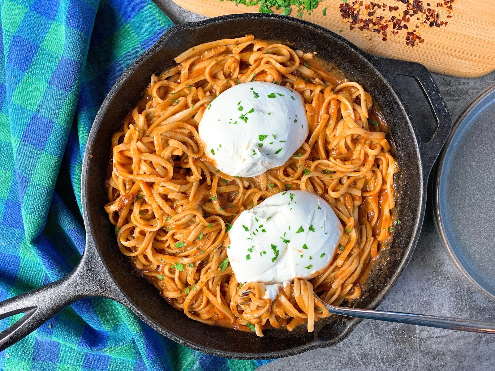 Two Ingredient Pesto Marinara with Linguine and Burrata
