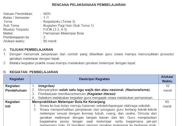 Download RPP 1 Lembar PJOK Kelas 1 SD/MI Tema 3 Kurikulum Download RPP 1 Lembar PJOK Kelas 1 SD/MI Tema 3 Kurikulum