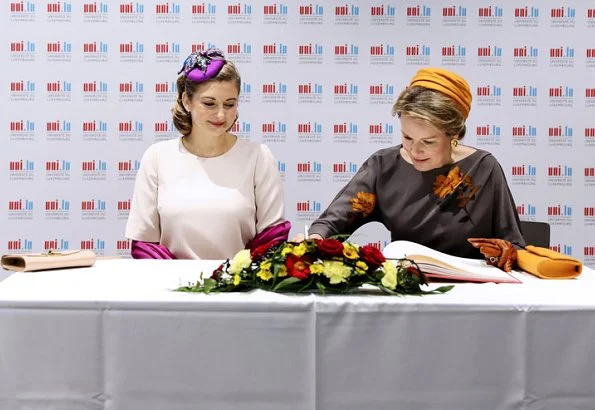 Queen Mathilde wore a grey Natan dress, Hereditary Grand Duchess Stephanie, Princess Stephanie, wore a white print dress by Armani