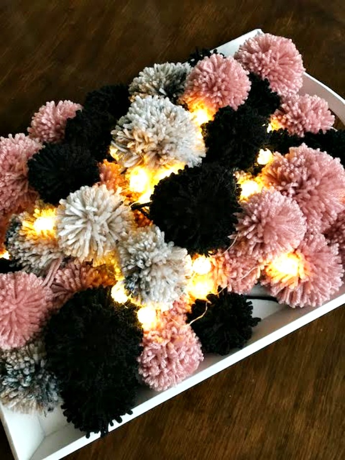 Gathering Supplies to make a blush pompom wreath pink, gray, black and blush pompom