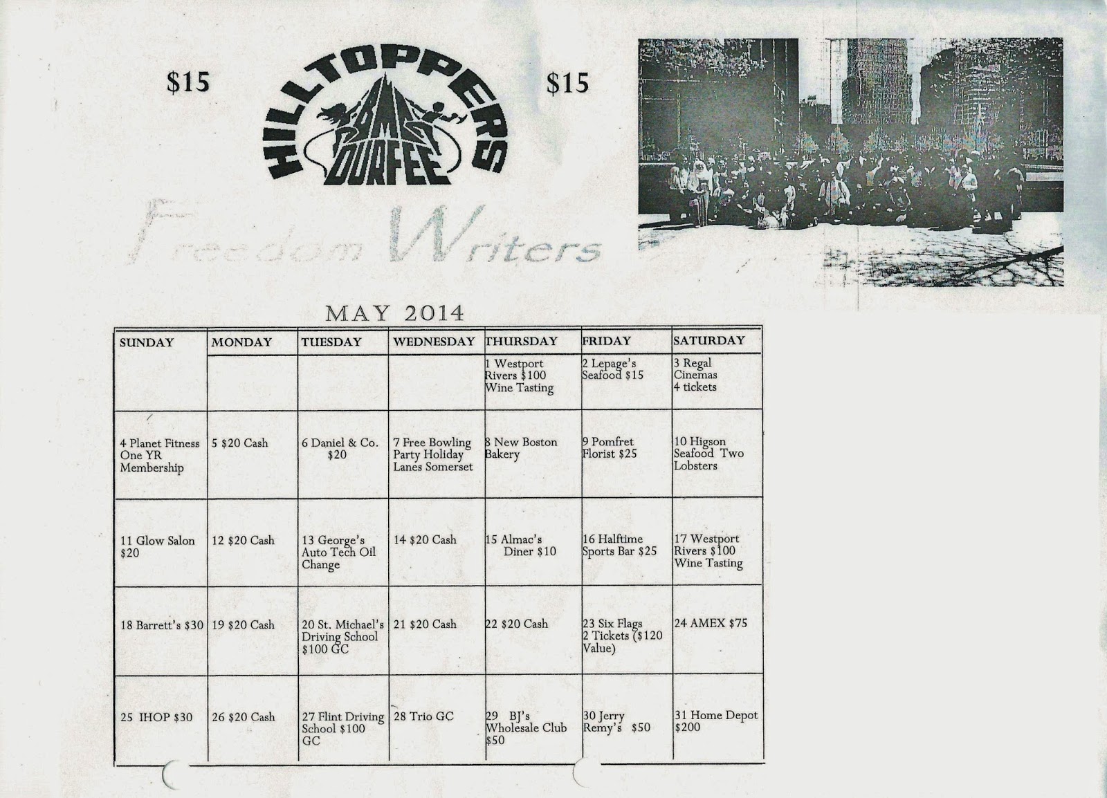 Durfee Freedom Writers Raffle Calendars