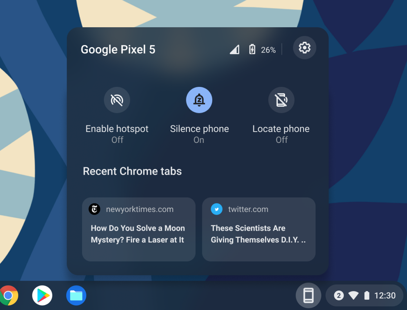 Ein Screenshot der einen Phone Hub auf dem Chromebook zeigt