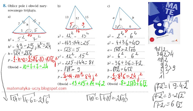 ćw. 7, 8 i 9 str. 38 "Matematyka z plusem 8" - zastosowanie Twierdzenie Pitagorasa (zeszyt ćwiczeń podstawowych)