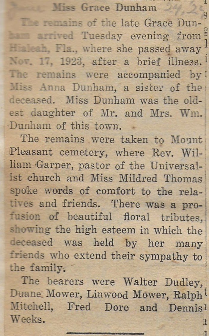 Heirlooms Reunited 1923 Obituary of Miss Grace Dunham (18931923