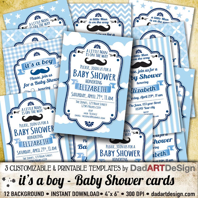 It's a Boy, 3 Baby Shower card templates via Etsy