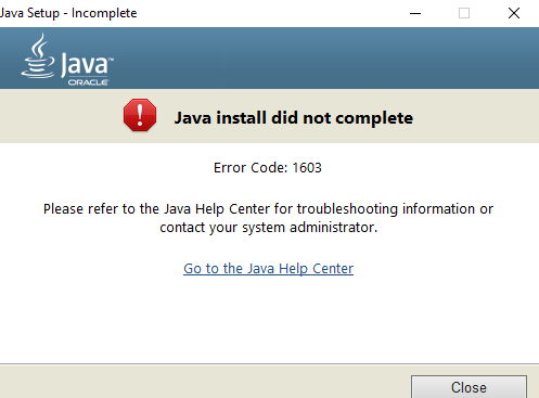 Установка обновления Java не завершена — код ошибки 1603