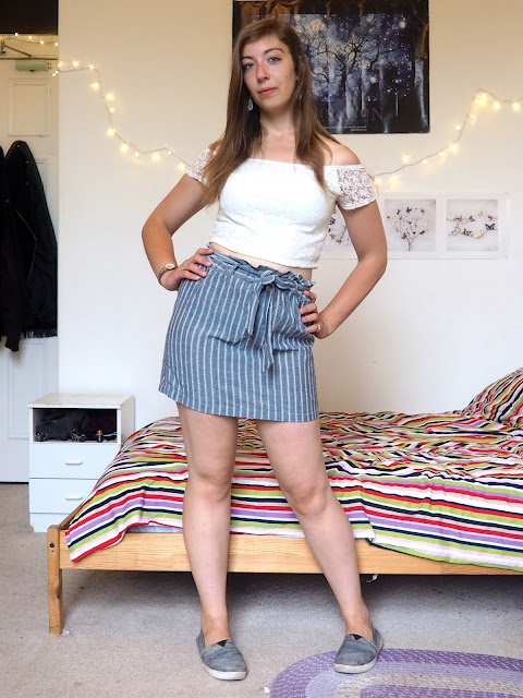 Breath of Fresh Air - summer outfit of white lace crop top, grey striped pencil skirt & grey Toms shoes