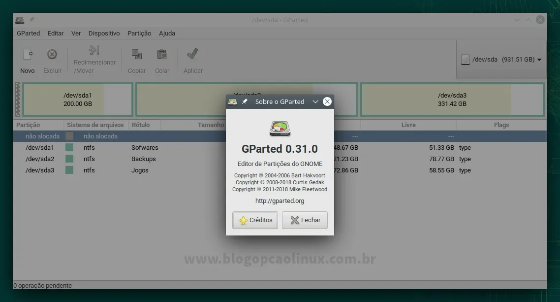 GParted executando no openSUSE Leap 15.3