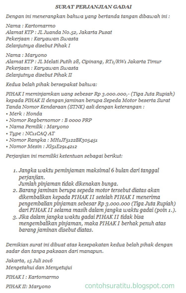 3 Contoh Surat Perjanjian Gadai Yang Benar