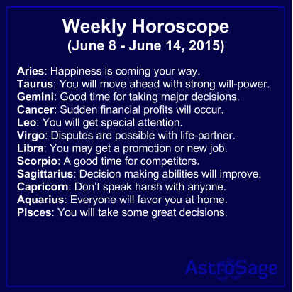 Weekly horoscope will tell about your love and general life for the upcoming week.