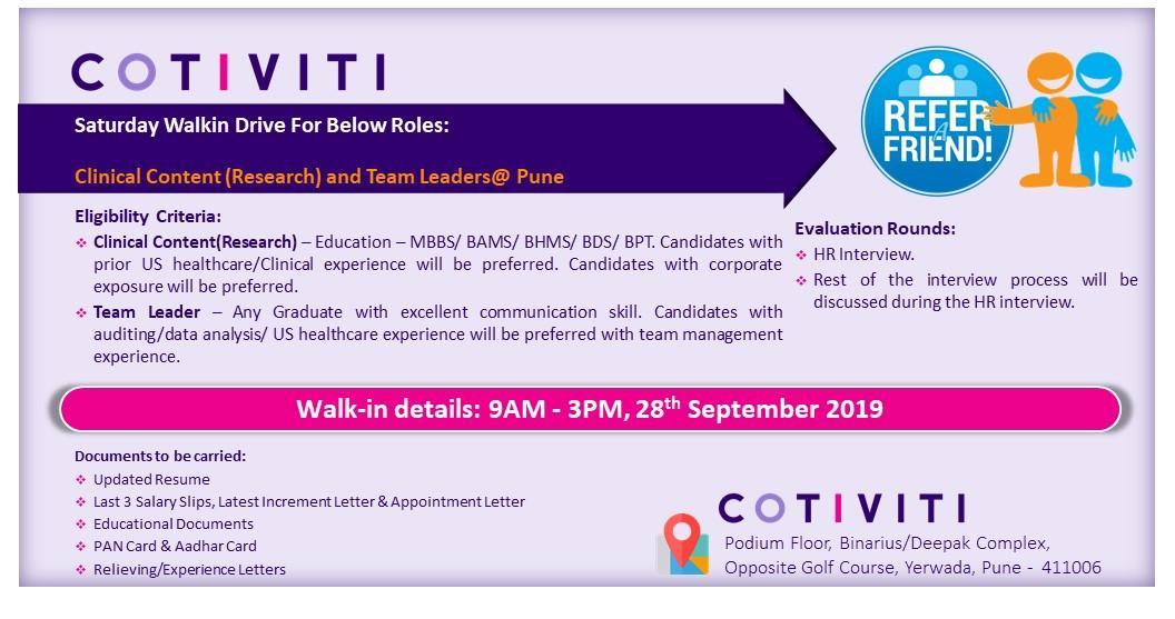 COTIVITI Walk In Drive For Clinical Content Research Team Leaders Pune On 28th Sept