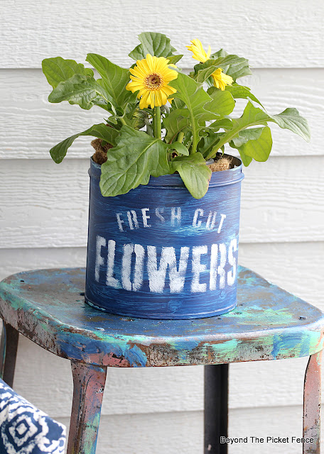 Thrift Store Porch Decor and Stenciling a Flower Container