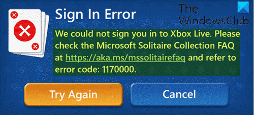 Errore di accesso di Microsoft Solitaire 1170000