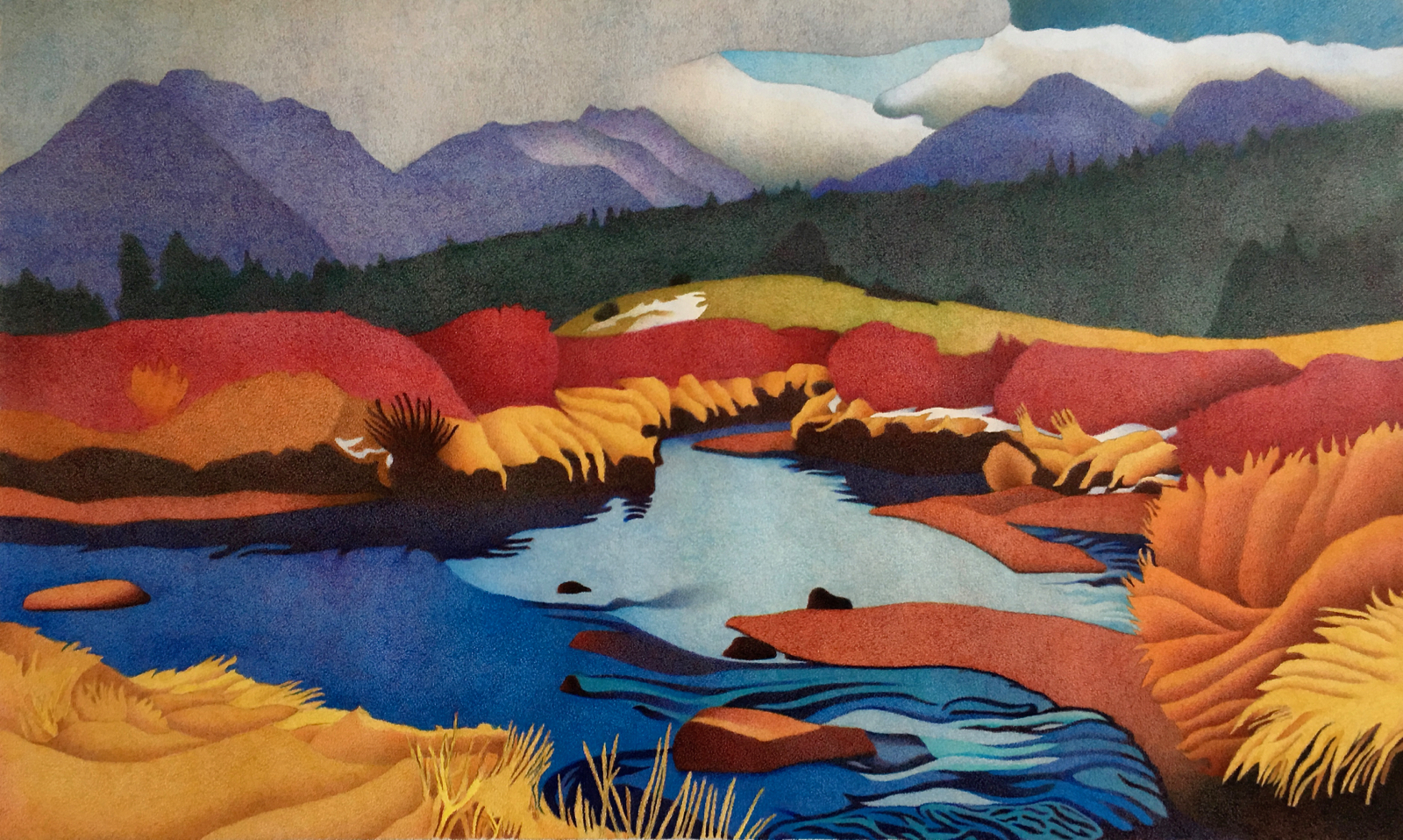 Impression Evergreen River Landscape Colored Pencil Drawing