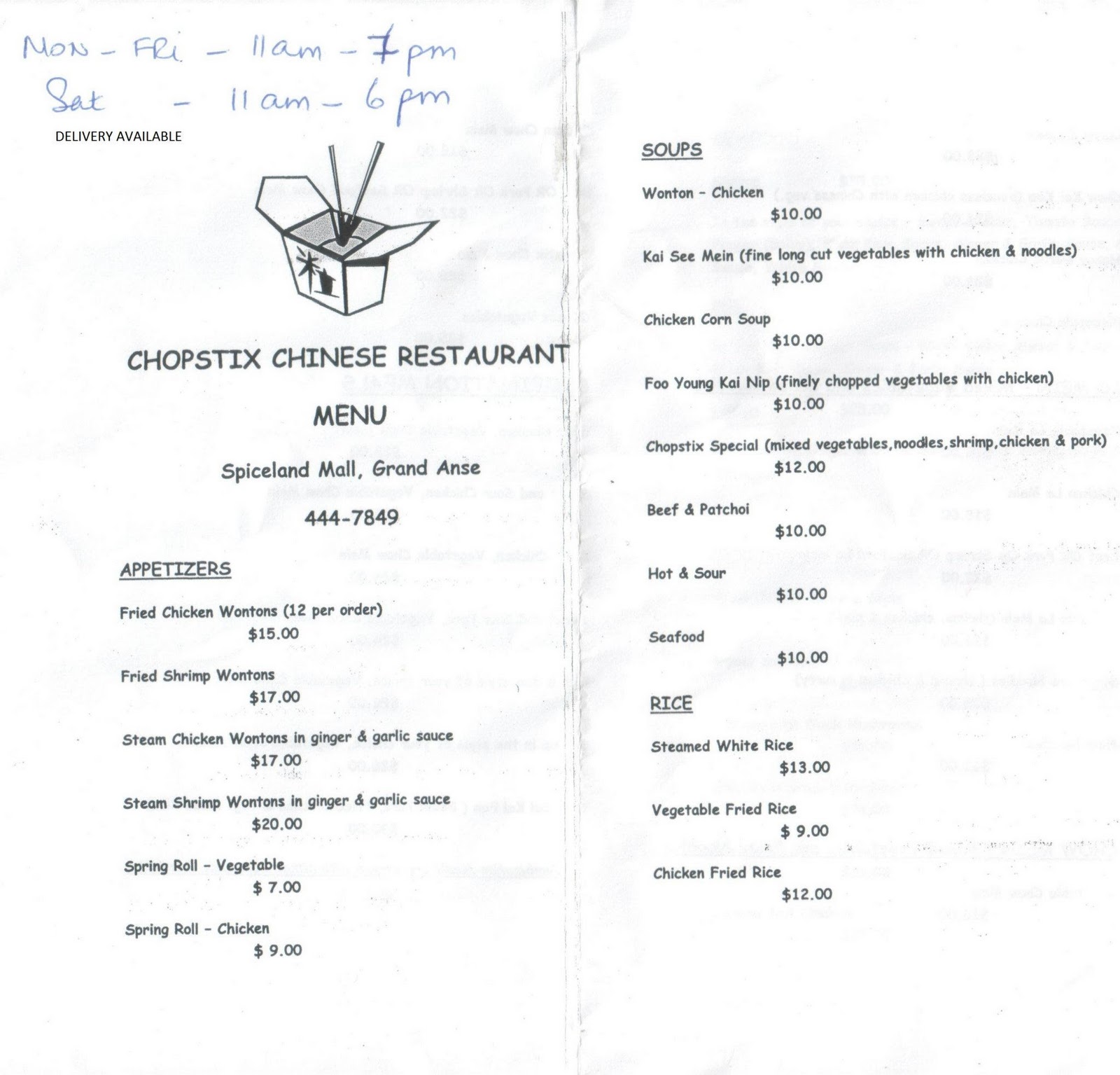 hello grenada, see you later america Chopstix Chinese Restaurant Menu
