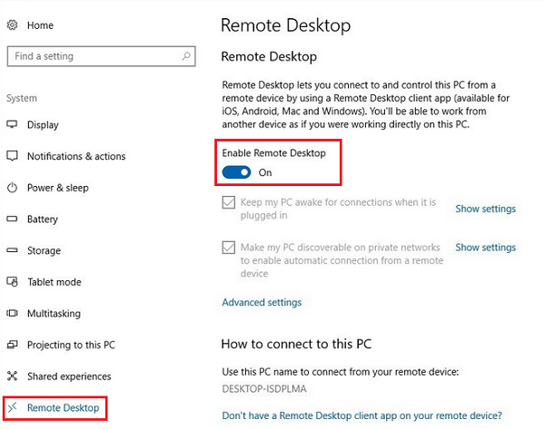 Habilite y use la conexión de escritorio remoto en Windows 10