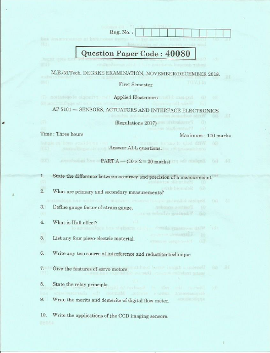 Anna University AP 5101Sensors Actuators And Interface Electronics November/December 2018